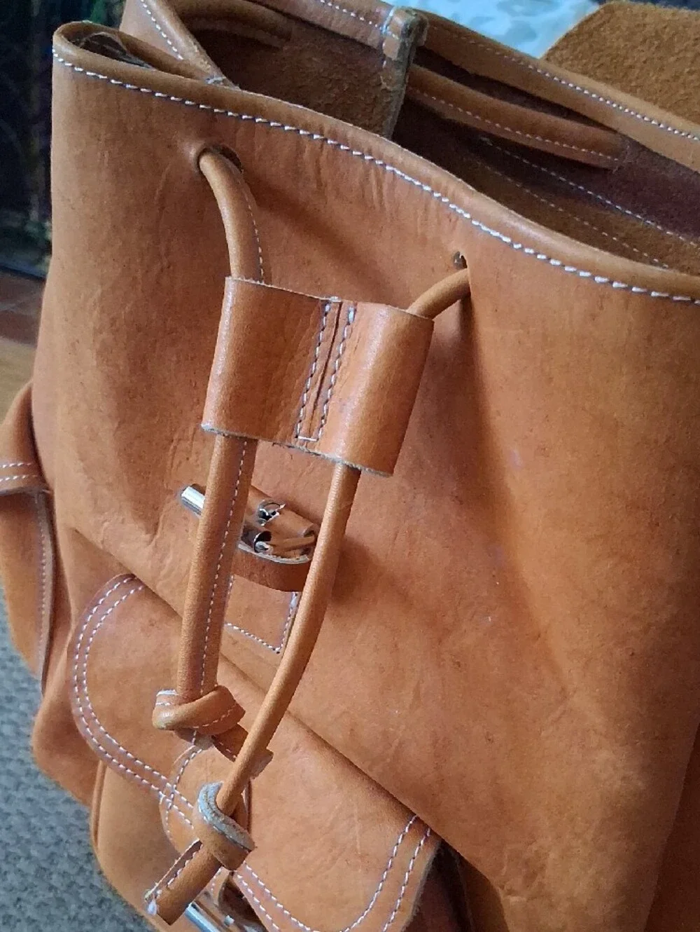 Vintage Tan Leather Backpack with Front and Side Buckle Pocket Purse Bag